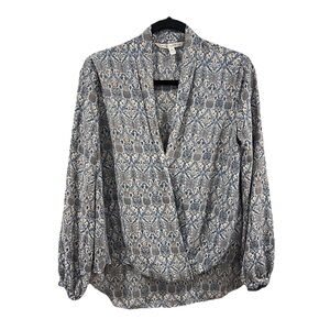 Max Studio Top Women’s XS Surplice Neck Long Sleeve Blouse Geo Floral Bohemian